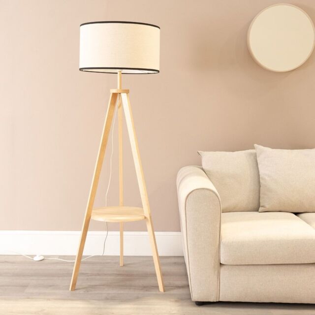 ValueLights Morrigan Natural Wood Tripod Floor Lamp & Linen Trim Shade & Bulb in Black - image 1