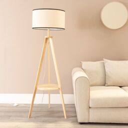 ValueLights Morrigan Natural Wood Tripod Floor Lamp & Linen Trim Shade & Bulb in Black