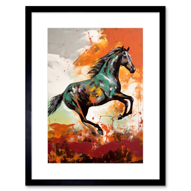 "Artery8 Wall Art Print Wild Horse Galloping Across a Barren Landscape Artwork Framed 9X7 Inch in Black - Size: W7"" x H9""" - image 1