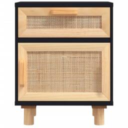 Berkfield Home Bedside Cabinet Black Solid Wood Pine & Natural Rattan - thumbnail 4