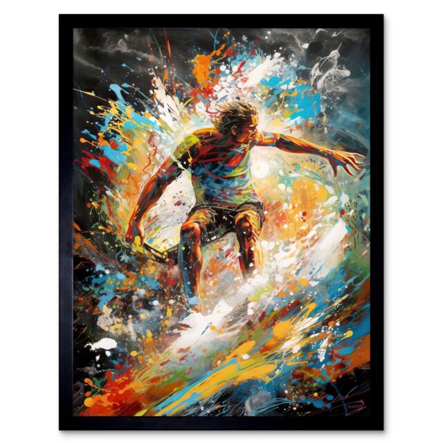 "Artery8 Wall Art Print Surfer Surfing on Crashing Waves Splatter Paint Art Framed in Black - Size: W12"" x H16""" - image 1
