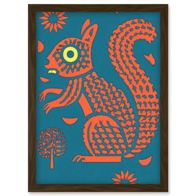 Artery8 Squirrel Colour Block Modern Folk Art Linocut Artwork Framed Wall Art Print A4 in Brown - image 1