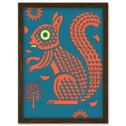 Artery8 Squirrel Colour Block Modern Folk Art Linocut Artwork Framed Wall Art Print A4 in Brown - thumbnail 1