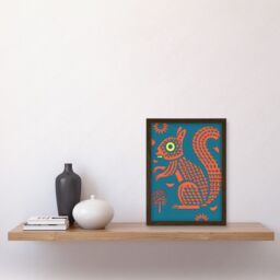 Artery8 Squirrel Colour Block Modern Folk Art Linocut Artwork Framed Wall Art Print A4 in Brown - thumbnail 2