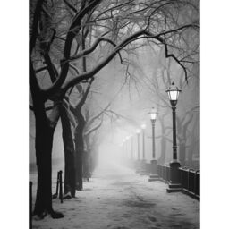 Artery8 Wall Art Print Snow Covered Street in the Misty Glow of Light Posts Atmospheric Black & White Photograph Winter Scene Poster - thumbnail 1