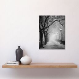 Artery8 Wall Art Print Snow Covered Street in the Misty Glow of Light Posts Atmospheric Black & White Photograph Winter Scene Poster - thumbnail 2