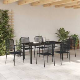 Berkfield Home Traditional 7 Piece Garden Dining Set Black Cotton Rope & Steel - thumbnail 4