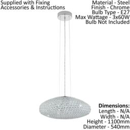 Loops Pendant Ceiling Light Colour Chrome Plated Shade Clear Crystal Bulb E27 3x60W - thumbnail 2