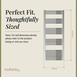 Balterley Straight Heated Towel Rail Radiator, 535W, 600 x 1600mm, Chrome in Silver - thumbnail 5