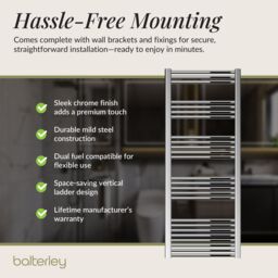 Balterley Straight Heated Towel Rail Radiator, 535W, 600 x 1600mm, Chrome in Silver - thumbnail 4