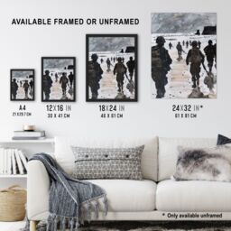 "Artery8 D Day Landing Normandy Beach WWII War Soldiers Framed Art Print in Grey - Size: W12"" x H16""" - thumbnail 3