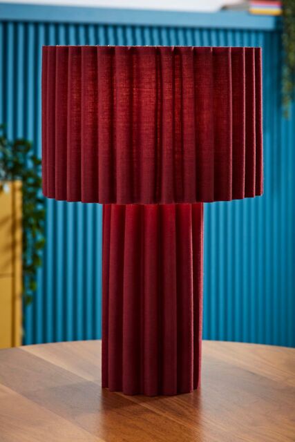 ValueLights Lenny Drum Lamp Shade Colour Drench Ribbed Full Fabric Table Lamp in Burgundy - image 1