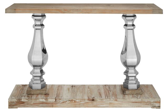 Orsina Pine Wooden Top Console Table, Decorative Hallway Table With Silver Pillars, Metallic Textured Console Table - image 1