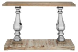 Orsina Pine Wooden Top Console Table, Decorative Hallway Table With Silver Pillars, Metallic Textured Console Table - thumbnail 1