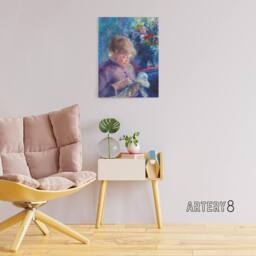 "Artery8 Young Woman Sewing Renoir Vintage Canvas Wall Art in Blue - Size: W18"" x H24""" - thumbnail 3