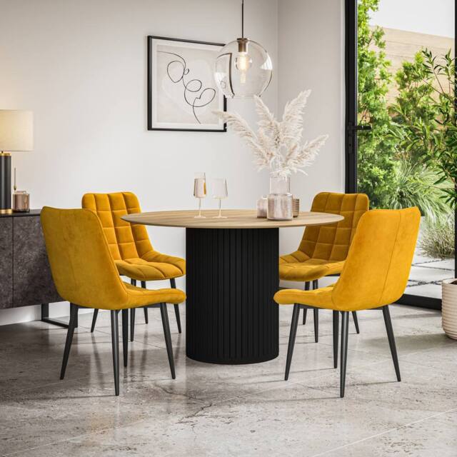 More4Homes Arlo Oak Table Top W Black Legs + Nova Velvet Dining Chair Set Of 6 in Mustard - image 1