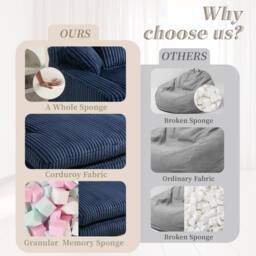 Direct Wicker Oversized Upholstered Soft Chaise Lounge Sofa with 2 Throw Pillows in Navy - Size: 1 Pack - thumbnail 4