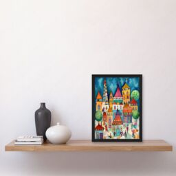 Artery8 Town Market Square Afternoon Shoppers Folk Art Watercolour Painting Artwork Framed Wall Art Print A4 in Black - thumbnail 2