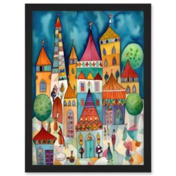Artery8 Town Market Square Afternoon Shoppers Folk Art Watercolour Painting Artwork Framed Wall Art Print A4 in Black - thumbnail 1