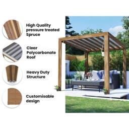 Dunster House Pergola with Roof 2.5m x 2.5m Pressure Treated, Terracube in Brown - thumbnail 3