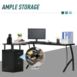 HOMCOM L-Shaped Corner PC Desk Table w/ Drawer Home Office Workstation in Black - thumbnail 5