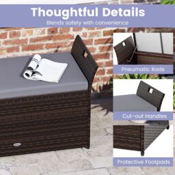 Costway Storage Bench Outdoor Bench with Hand-woven PE Rattan Wicker in Grey - thumbnail 4