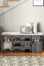 Living and Home Grey Shoe Changing Bench Storage Cabinet with Linen Cushion - thumbnail 1