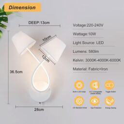 Harper Living Indoor LED Wall Sconce Lamp with 2 Vintage Fabric Shade, Toggle Switch in White - thumbnail 5