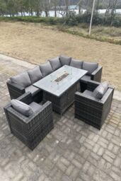 Fimous Outdoor Corner Sofa Burner Gas Fire Pit Table Sets Heater Lounge Chairs 8 Seater in Dark Grey - thumbnail 1
