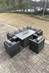 Fimous Outdoor Corner Sofa Burner Gas Fire Pit Table Sets Heater Lounge Chairs 8 Seater in Dark Grey - thumbnail 3