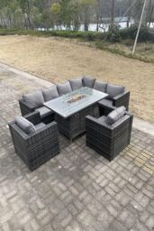 Fimous Outdoor Corner Sofa Burner Gas Fire Pit Table Sets Heater Lounge Chairs 8 Seater in Dark Grey - thumbnail 4