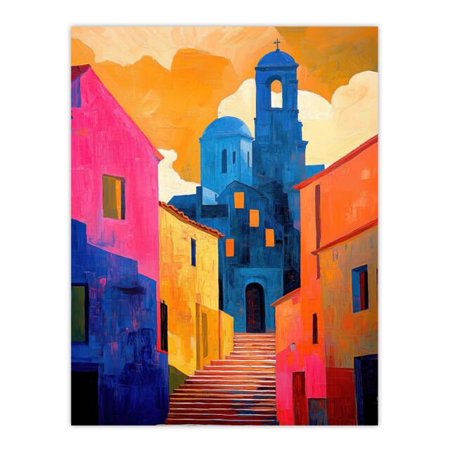 "Artery8 Italian Church Cityscape Colourful Abstract Wall Art Print in Orange - Size: W12"" x H16""" - image 1