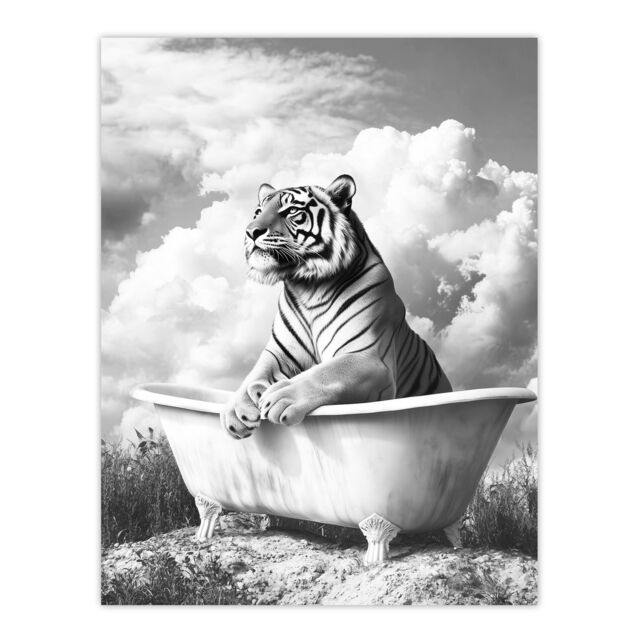 "Artery8 Tiger Bathtub Black White Surreal Big Cat Lover Wall Art Print in Grey - Size: W18"" x H24""" - image 1