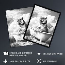 "Artery8 Tiger Bathtub Black White Surreal Big Cat Lover Wall Art Print in Grey - Size: W18"" x H24""" - thumbnail 2