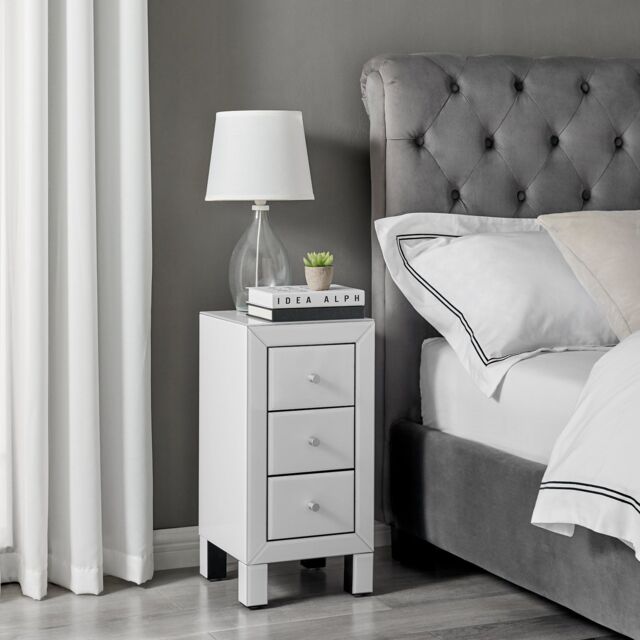 FurnitureboxUK Lexi Small Slimline 3 Drawer Wooden Bedside Table With A Modern Mirrored Finish in White - image 1