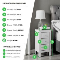 FurnitureboxUK Lexi Small Slimline 3 Drawer Wooden Bedside Table With A Modern Mirrored Finish in White - thumbnail 6