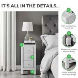 FurnitureboxUK Lexi Small Slimline 3 Drawer Wooden Bedside Table With A Modern Mirrored Finish in White - thumbnail 5