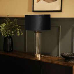 ValueLights Balan Glass & Brushed Chrome Table Lamp with Velvet Drum Lamp Shade in Black - thumbnail 5