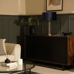 ValueLights Balan Glass & Brushed Chrome Table Lamp with Velvet Drum Lamp Shade in Black