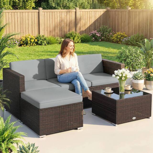 OUTSUNNY Garden Furniture Set w/ Padded Cushions Corner Sofa Set, Light Grey in Brown - image 1