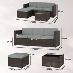 OUTSUNNY Garden Furniture Set w/ Padded Cushions Corner Sofa Set, Light Grey in Brown - thumbnail 3
