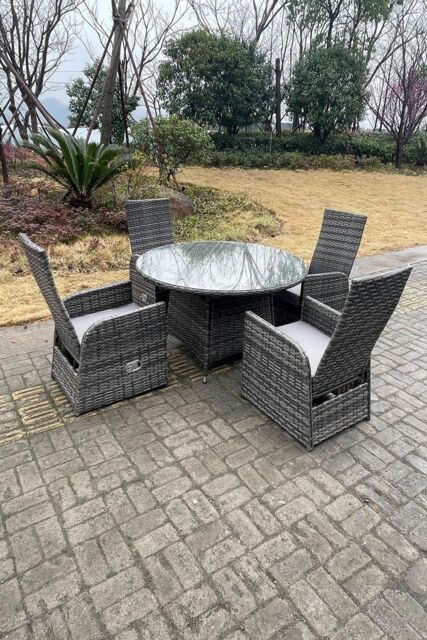 Fimous Outdoor Wicker Rattan Reclining Chair & Table Dining Sets 4 Seater Round Table in Dark Grey - image 1