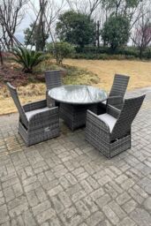 Fimous Outdoor Wicker Rattan Reclining Chair & Table Dining Sets 4 Seater Round Table in Dark Grey