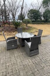 Fimous Outdoor Wicker Rattan Reclining Chair & Table Dining Sets 4 Seater Round Table in Dark Grey - thumbnail 3