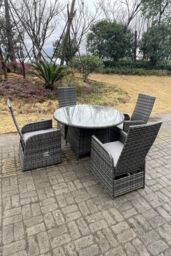 Fimous Outdoor Wicker Rattan Reclining Chair & Table Dining Sets 4 Seater Round Table in Dark Grey - thumbnail 4