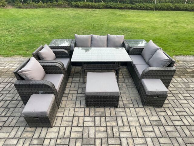 Fimous 10 Seater Garden Rattan Furniture Dining Table Sofa Set Indoor Outdoor with 2 Reclining Chairs 2 Side Tables 3 Footstools Dark Grey Mixed - image 1