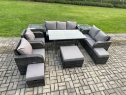 Fimous 10 Seater Garden Rattan Furniture Dining Table Sofa Set Indoor Outdoor with 2 Reclining Chairs 2 Side Tables 3 Footstools Dark Grey Mixed - thumbnail 2