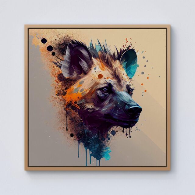 "Warren Reed - Designer Hyena Face Splashart Light Background Framed Canvas in Light Brown - Size: W30"" x H30""" - image 1