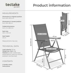 tectake Folding garden chairs with adjustable backrests, mesh fabric in Dark Grey - Size: 4 Person - thumbnail 6