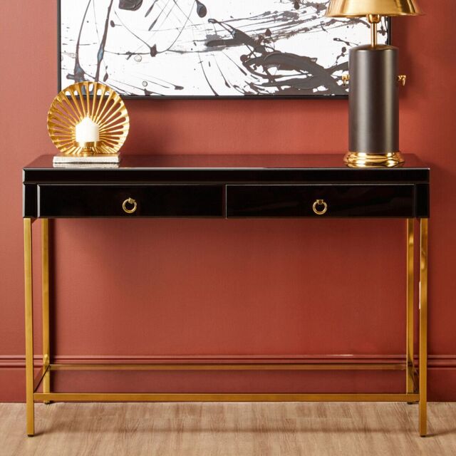 Orsina Glamorous Gold Finish Console Table, Decorative Table For Livingrooms, Stylish Room Table With Glass Shelf in Black - image 1